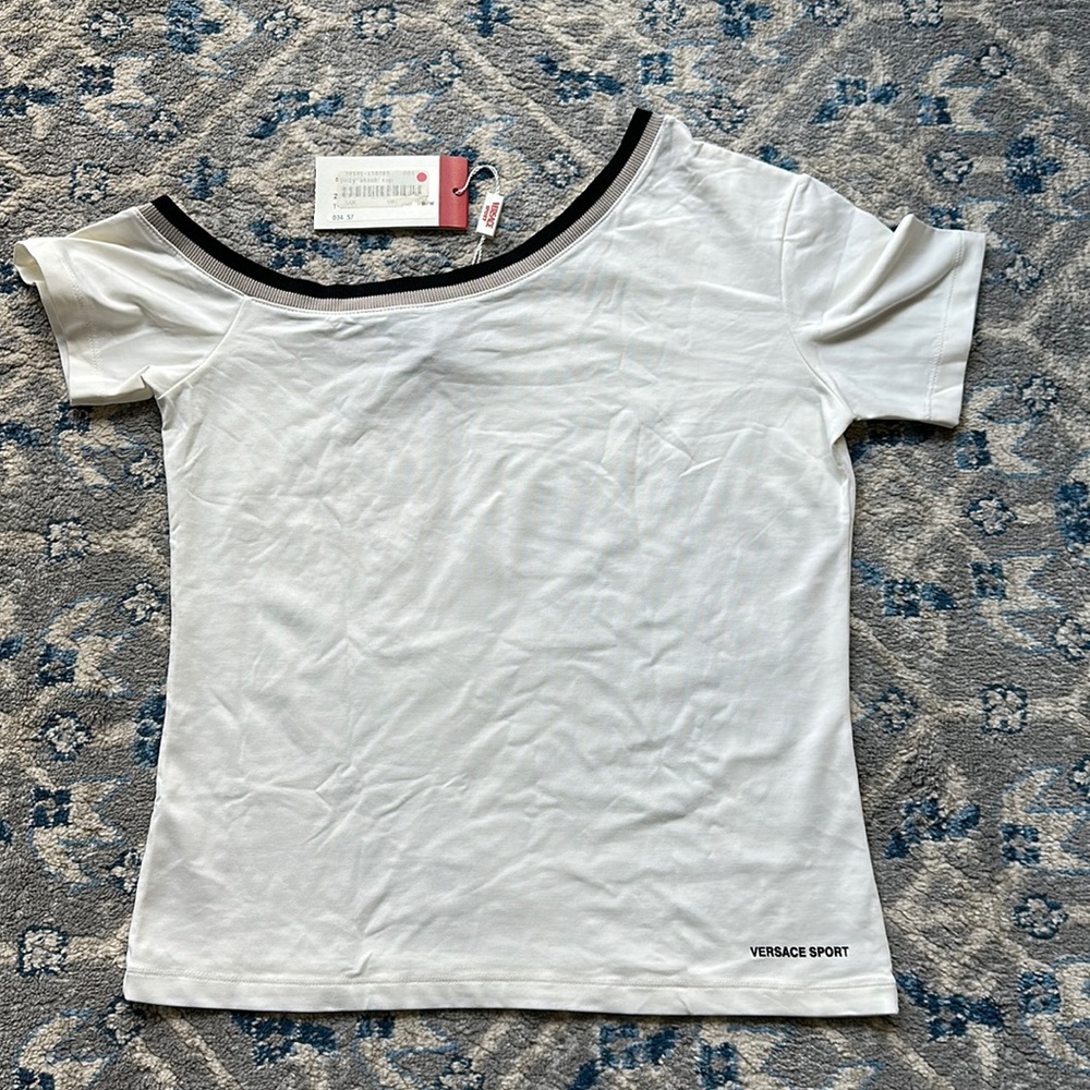 Versace Sport Poly Stretch Top in Cream with Black and Light Brown collar